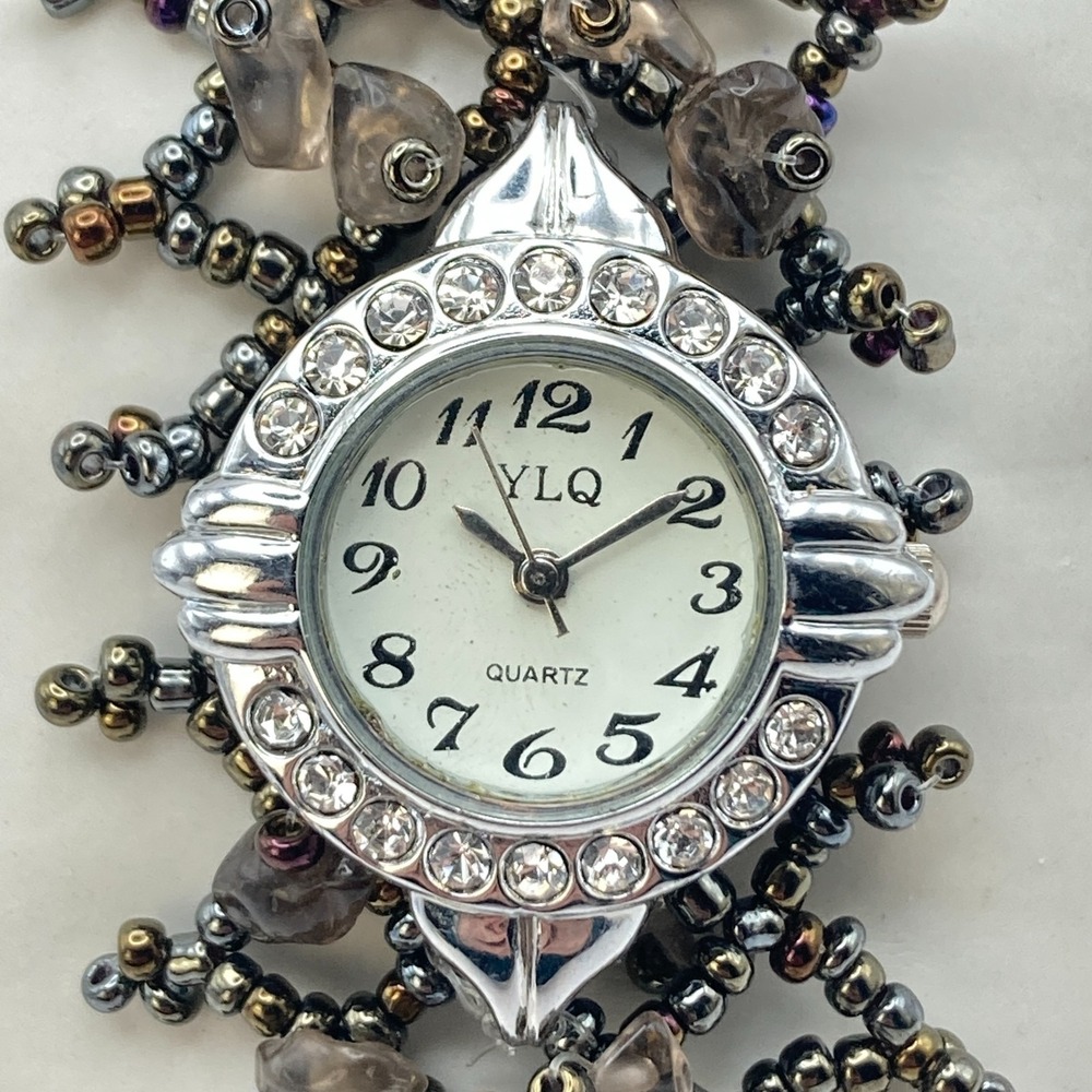 Artisan Womens Watch Beaded Gemstone Silver Tone Crystals New Battery 7.25" - Picture 2 of 16